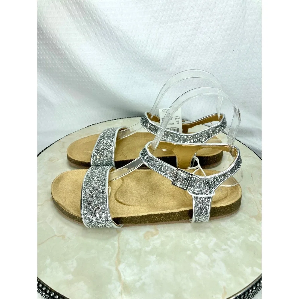 Crewcuts Glitter Two Strap Buckle Sandals Kids 5 Silver Sparkle Comfy Shoes NEW